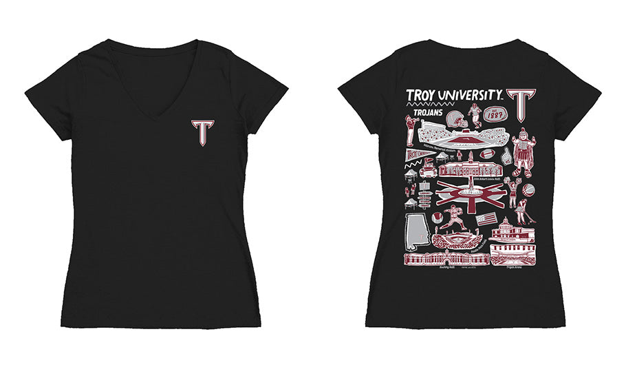 Troy Trojans Hand Sketched Vive La Fete Impressions Artwork Black Women Cotton Short Sleeve V-Neck Tshirt