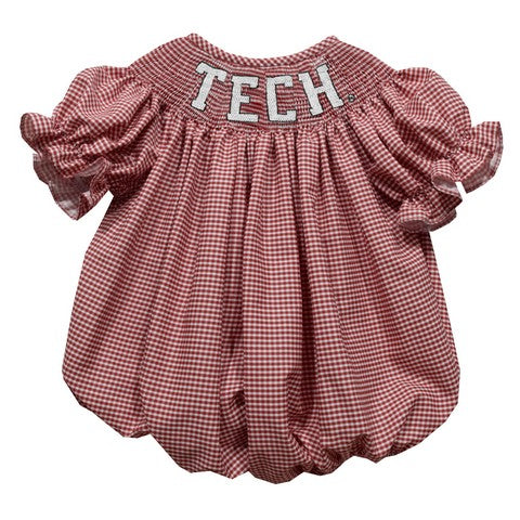 Texas Tech Red Raiders Smocked Red Cardinal Gingham Short Sleeve Girls Bubble