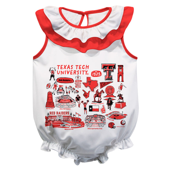 Texas Tech Red Raiders  White Hand Sketched Vive La Fete Impressions Artwork Sleeveless Ruffle Onesie Bodysuit