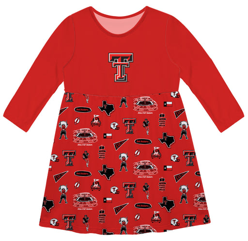 Texas Tech Red Raiders Long Sleeve Solid Red Repeat Print Hand Sketched Impressions Artwork on Skirt