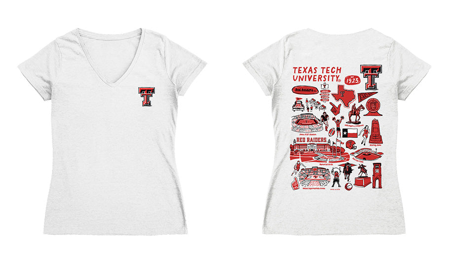 Texas Tech Red Raiders Hand Sketched Vive La Fete Impressions Artwork Red Women Cotton Short Sleeve V-Neck Tshirt