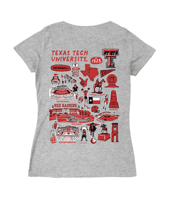 Texas Tech Red Raiders Hand Sketched Vive La Fete Impressions Artwork Red Women Cotton Short Sleeve V-Neck Tshirt
