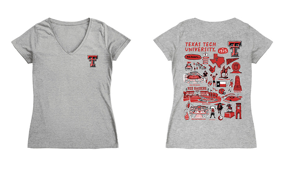 Texas Tech Red Raiders Hand Sketched Vive La Fete Impressions Artwork Red Women Cotton Short Sleeve V-Neck Tshirt