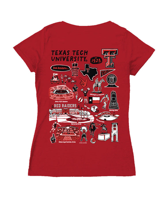 Texas Tech Red Raiders Hand Sketched Vive La Fete Impressions Artwork Red Women Cotton Short Sleeve V-Neck Tshirt