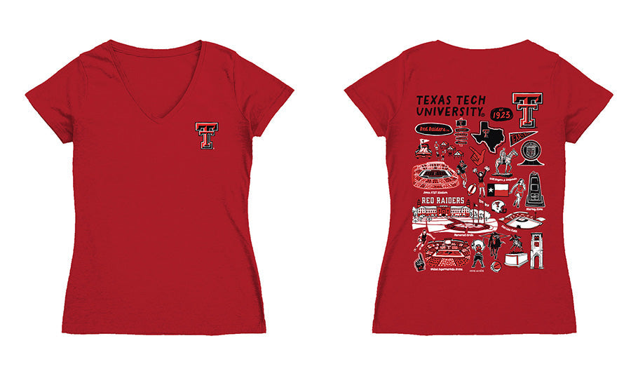 Texas Tech Red Raiders Hand Sketched Vive La Fete Impressions Artwork Red Women Cotton Short Sleeve V-Neck Tshirt