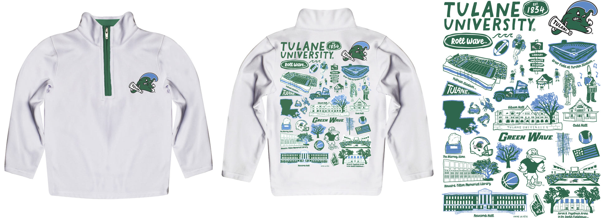 Tulane Green Wave Hand Sketched Vive La Fete Impressions Artwork White Boys Quarter Zip Pullover V1 - Vive La Fête - Online Apparel Store