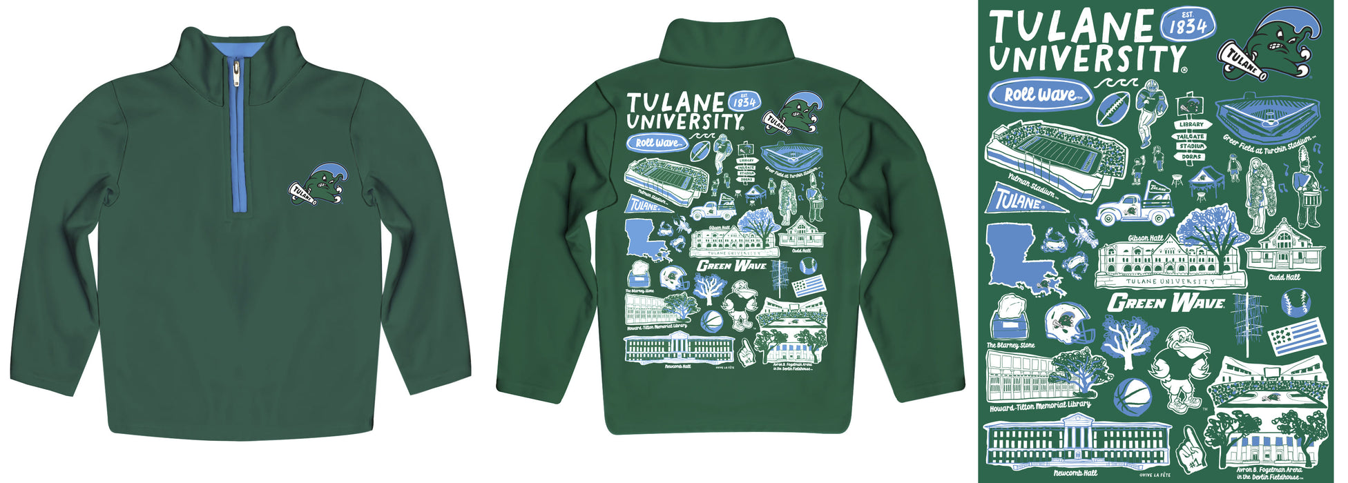 Tulane Green Wave Hand Sketched Vive La Fete Impressions Artwork Green Boys Quarter Zip Pullover V1 - Vive La Fête - Online Apparel Store