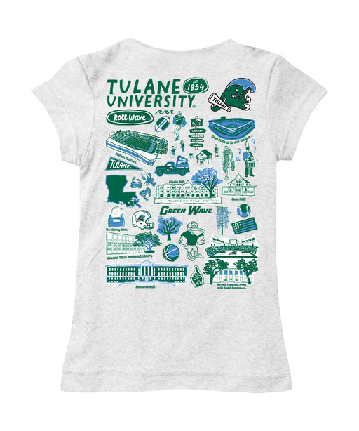 Tulane Green Wave Hand Sketched Vive La Fete Impressions Artwork White Girls Cotton Short Sleeve Tee - Vive La Fête - Online Apparel Store