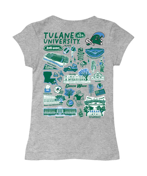 Tulane Green Wave Hand Sketched Vive La Fete Impressions Artwork Grey Girls Cotton Short Sleeve Tee - Vive La Fête - Online Apparel Store