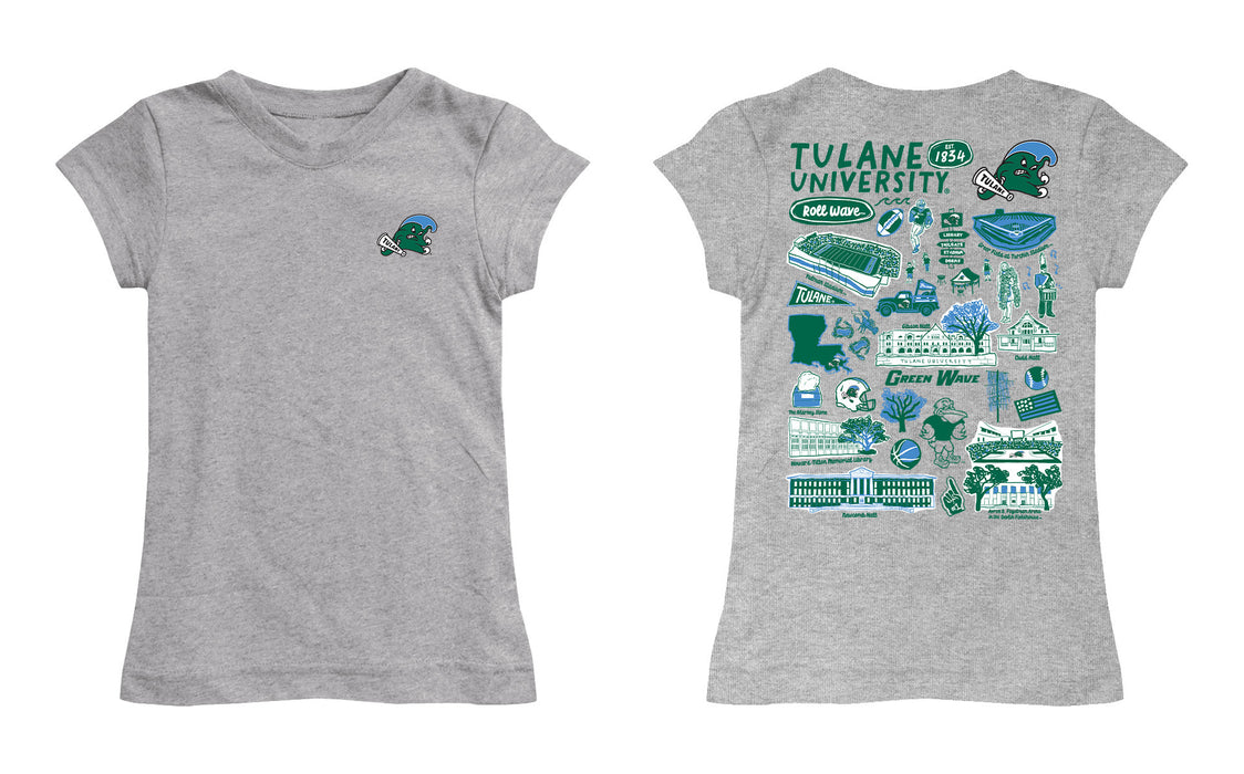 Tulane Green Wave Hand Sketched Vive La Fete Impressions Artwork Grey Girls Cotton Short Sleeve Tee - Vive La Fête - Online Apparel Store