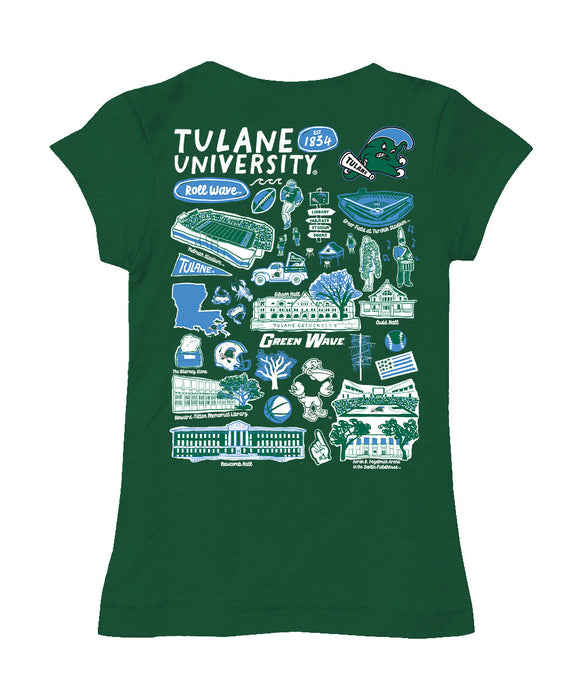 Tulane Green Wave Hand Sketched Vive La Fete Impressions Artwork Green Girls Cotton Short Sleeve Tee - Vive La Fête - Online Apparel Store