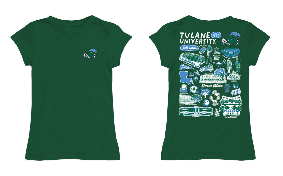 Tulane Green Wave Hand Sketched Vive La Fete Impressions Artwork Green Girls Cotton Short Sleeve Tee - Vive La Fête - Online Apparel Store