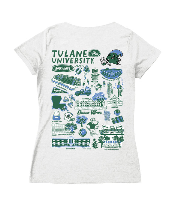 Tulane Green Wave Hand Sketched Vive La Fete Impressions Artwork Green Women Cotton Short Sleeve V-Neck Tshirt