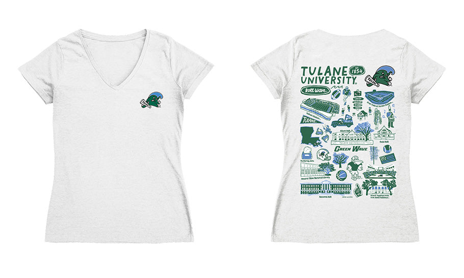 Tulane Green Wave Hand Sketched Vive La Fete Impressions Artwork Green Women Cotton Short Sleeve V-Neck Tshirt