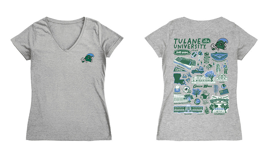 Tulane Green Wave Hand Sketched Vive La Fete Impressions Artwork Green Women Cotton Short Sleeve V-Neck Tshirt