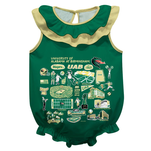 Alabama at Birmingham Blazers  Green Hand Sketched Vive La Fete Impressions Artwork Sleeveless Ruffle Onesie Bodysuit