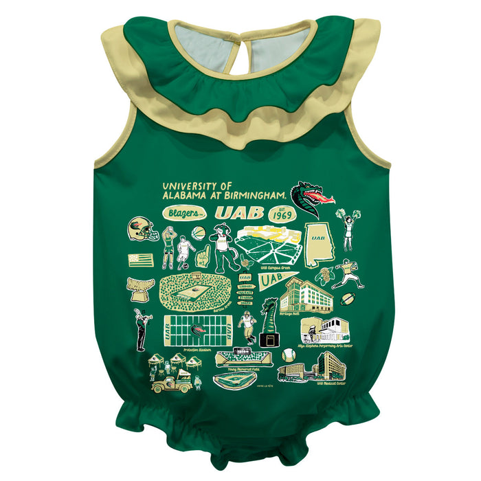 Alabama at Birmingham Blazers  Green Hand Sketched Vive La Fete Impressions Artwork Sleeveless Ruffle Onesie Bodysuit
