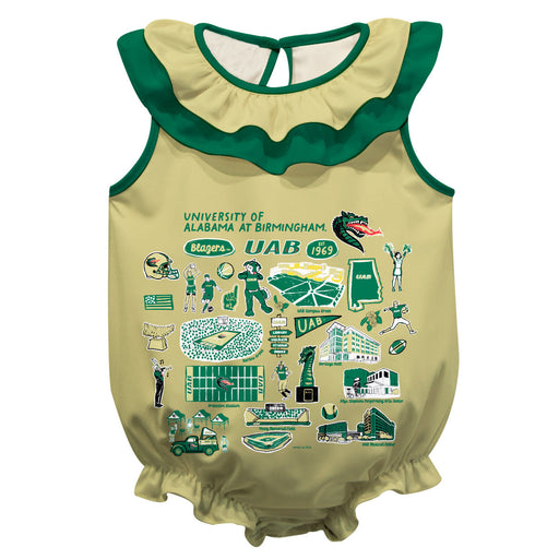Alabama at Birmingham Blazers  Gold Hand Sketched Vive La Fete Impressions Artwork Sleeveless Ruffle Onesie Bodysuit