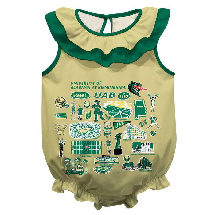 Alabama at Birmingham Blazers  Gold Hand Sketched Vive La Fete Impressions Artwork Sleeveless Ruffle Onesie Bodysuit