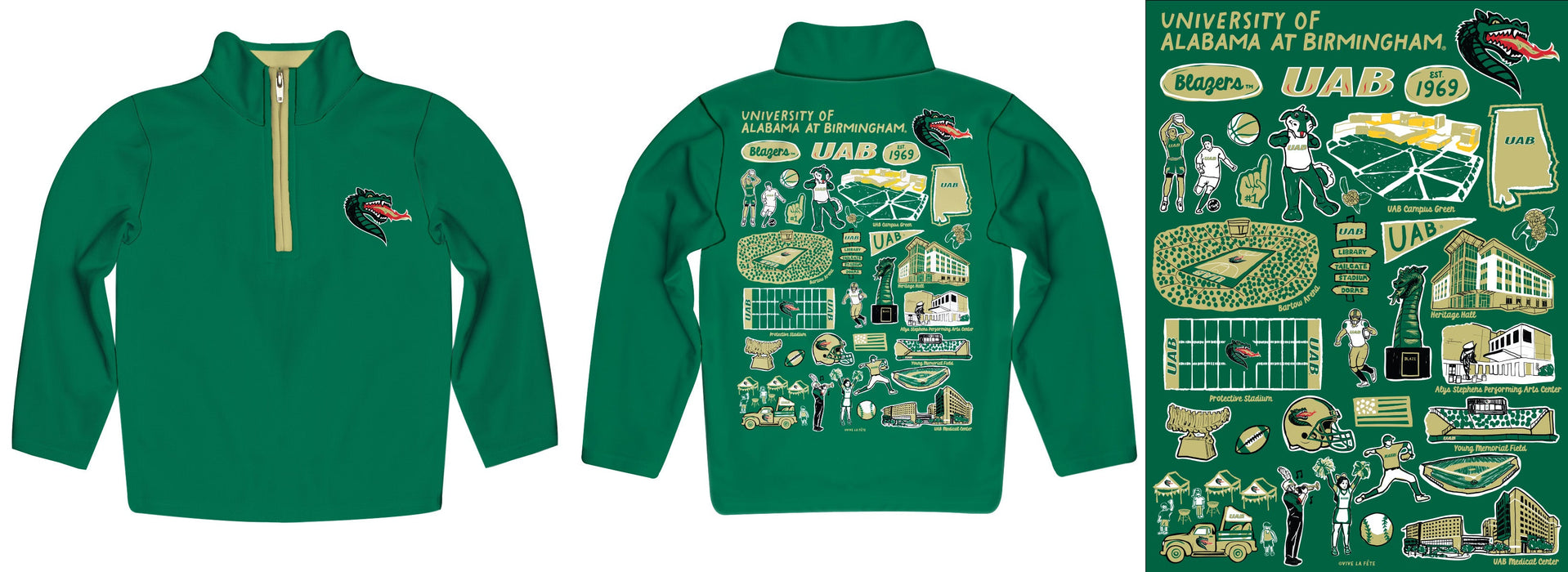 Alabama at Birmingham Blazers Hand Sketched Vive La Fete Impressions Artwork Green Boys Quarter Zip Pullover V1 - Vive La Fête - Online Apparel Store