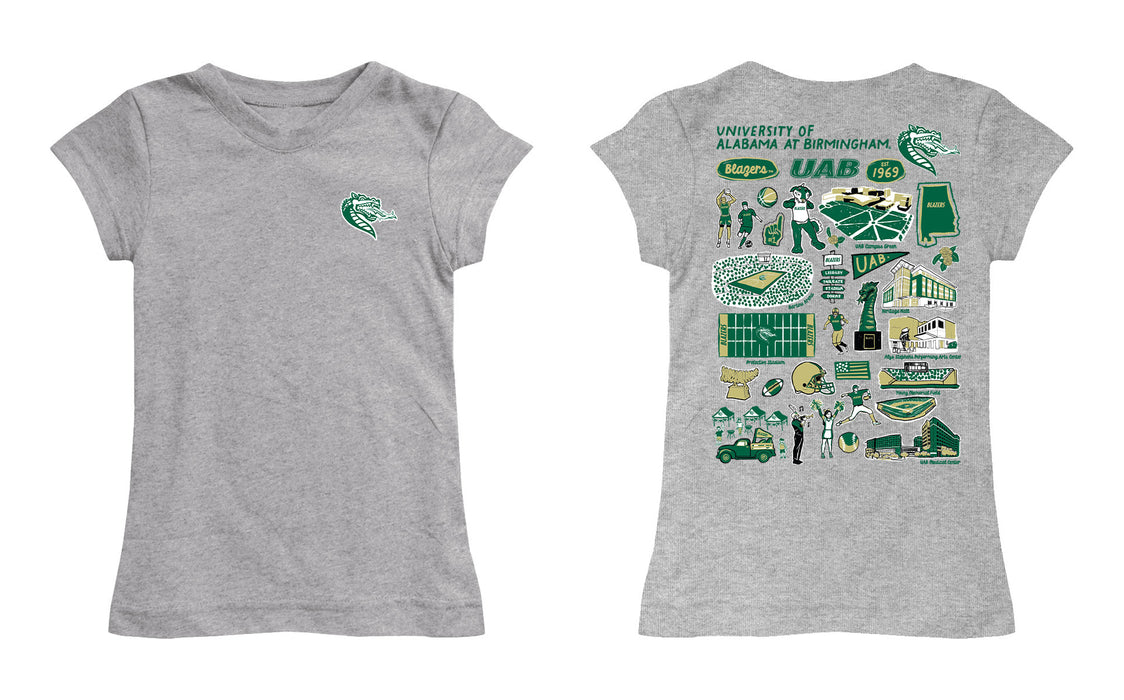 Alabama at Birmingham Blazers Hand Sketched Vive La Fete Impressions Artwork Grey Girls Cotton Short Sleeve Tee - Vive La Fête - Online Apparel Store