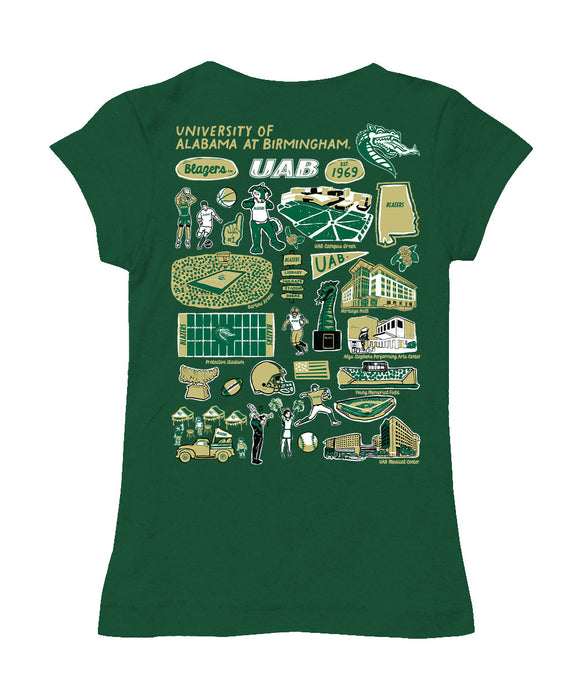 Alabama at Birmingham Blazers Hand Sketched Vive La Fete Impressions Artwork Green Girls Cotton Short Sleeve Tee - Vive La Fête - Online Apparel Store