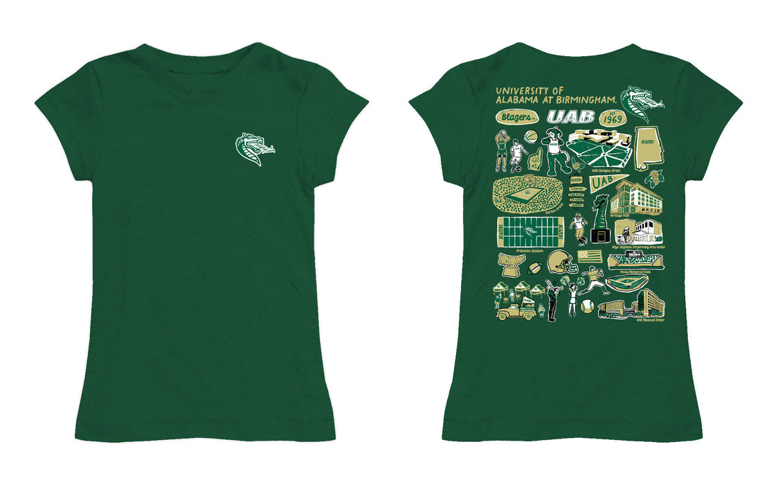 Alabama at Birmingham Blazers Hand Sketched Vive La Fete Impressions Artwork Green Girls Cotton Short Sleeve Tee - Vive La Fête - Online Apparel Store