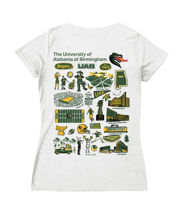 UAB Blazers Hand Sketched Vive La Fete Impressions Artwork Green Women Cotton Short Sleeve V-Neck Tshirt