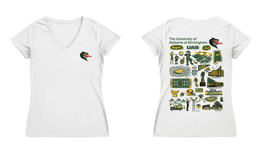 UAB Blazers Hand Sketched Vive La Fete Impressions Artwork Green Women Cotton Short Sleeve V-Neck Tshirt