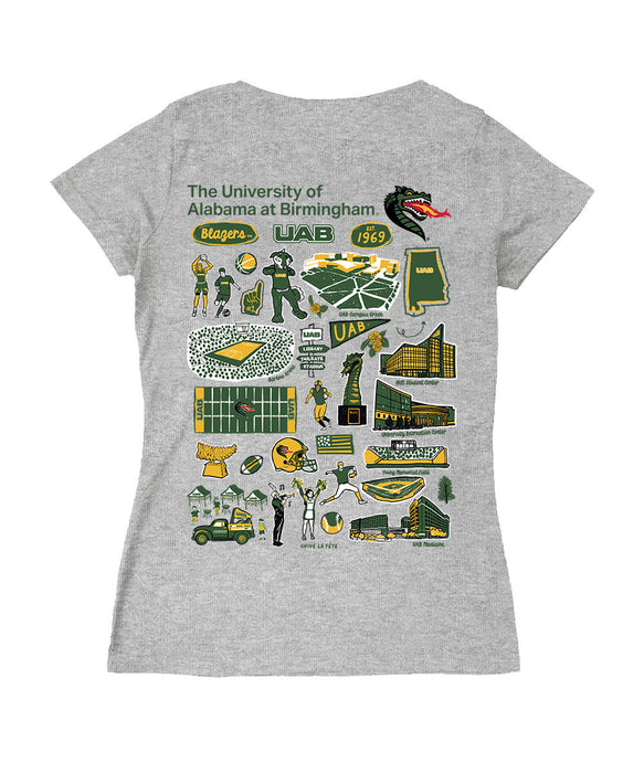 UAB Blazers Hand Sketched Vive La Fete Impressions Artwork Green Women Cotton Short Sleeve V-Neck Tshirt