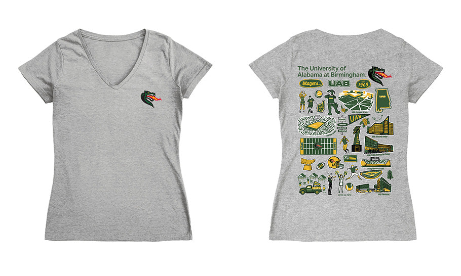 UAB Blazers Hand Sketched Vive La Fete Impressions Artwork Green Women Cotton Short Sleeve V-Neck Tshirt