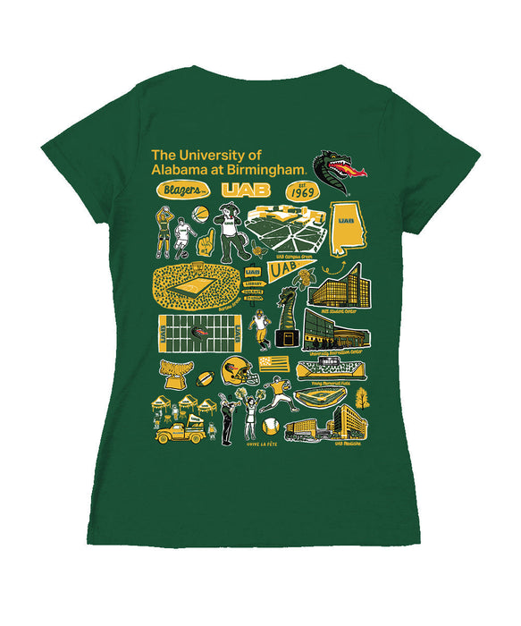 UAB Blazers Hand Sketched Vive La Fete Impressions Artwork Green Women Cotton Short Sleeve V-Neck Tshirt