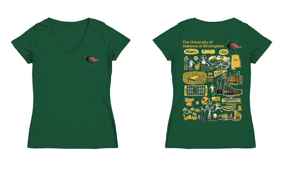 UAB Blazers Hand Sketched Vive La Fete Impressions Artwork Green Women Cotton Short Sleeve V-Neck Tshirt