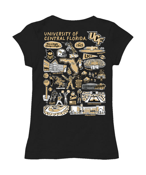 UCF Knights Hand Sketched Vive La Fete Impressions Artwork Black Girls Cotton Short Sleeve Tee - Vive La Fête - Online Apparel Store