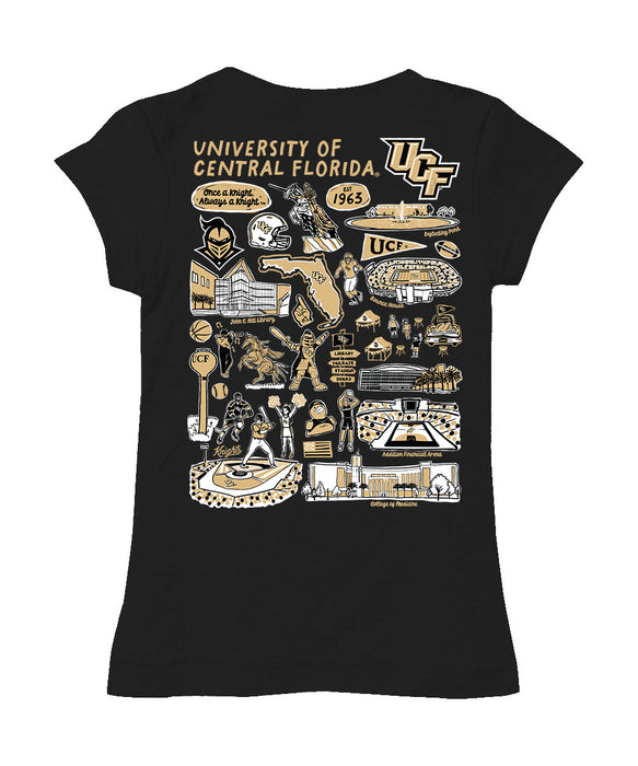 UCF Knights Hand Sketched Vive La Fete Impressions Artwork Black Girls Cotton Short Sleeve Tee - Vive La Fête - Online Apparel Store