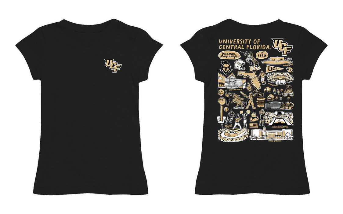 UCF Knights Hand Sketched Vive La Fete Impressions Artwork Black Girls Cotton Short Sleeve Tee - Vive La Fête - Online Apparel Store