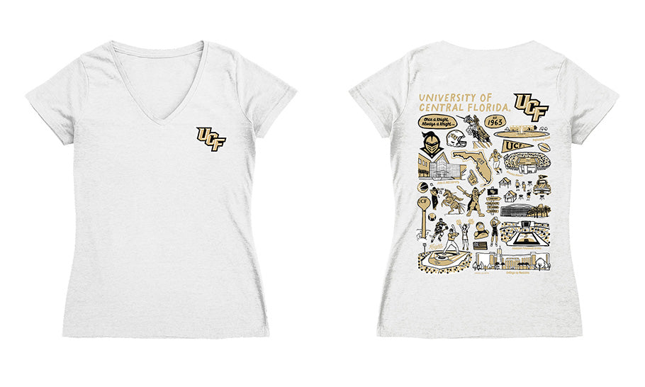 UCF Knights Hand Sketched Vive La Fete Impressions Artwork Black Women Cotton Short Sleeve V-Neck Tshirt