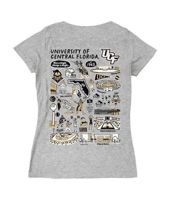 UCF Knights Hand Sketched Vive La Fete Impressions Artwork Black Women Cotton Short Sleeve V-Neck Tshirt