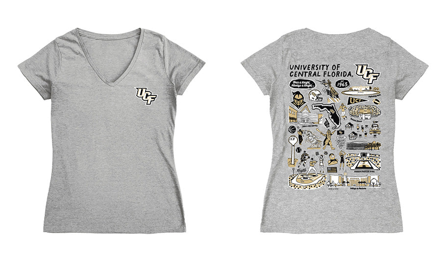 UCF Knights Hand Sketched Vive La Fete Impressions Artwork Black Women Cotton Short Sleeve V-Neck Tshirt