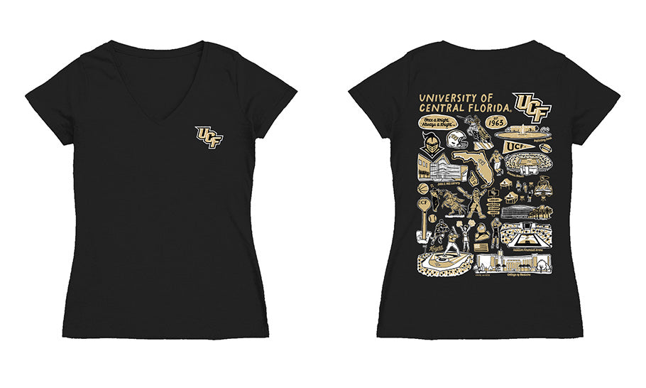 UCF Knights Hand Sketched Vive La Fete Impressions Artwork Black Women Cotton Short Sleeve V-Neck Tshirt