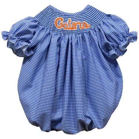 Florida Gators Smocked Blue Gingham Short Sleeve Girls Bubble