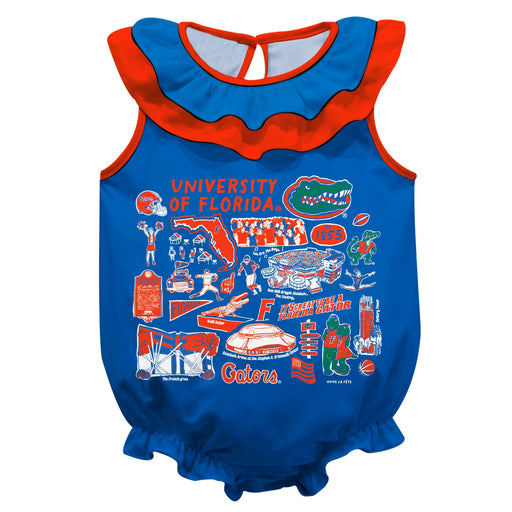 Florida Gators  Blue Hand Sketched Vive La Fete Impressions Artwork Sleeveless Ruffle Onesie Bodysuit