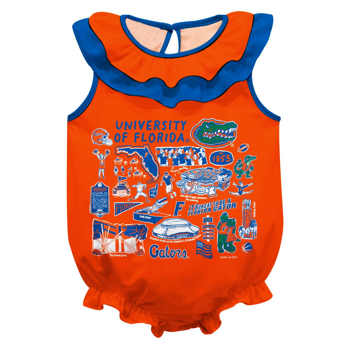 Florida Gators  Orange Hand Sketched Vive La Fete Impressions Artwork Sleeveless Ruffle Onesie Bodysuit