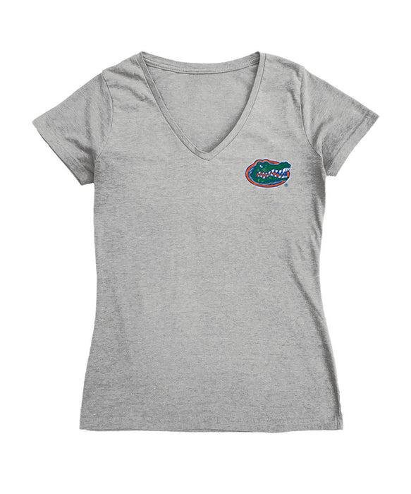 Florida Gators Hand Sketched Vive La Fete Impressions Artwork Grey Women Cotton Short Sleeve V-Neck Tshirt