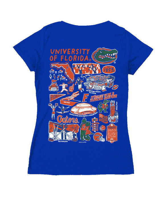 Florida Gators Hand Sketched Vive La Fete Impressions Artwork Royal Women Cotton Short Sleeve V-Neck Tshirt