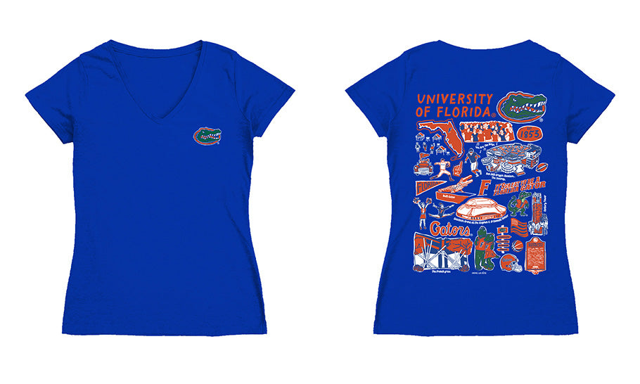 Florida Gators Hand Sketched Vive La Fete Impressions Artwork Royal Women Cotton Short Sleeve V-Neck Tshirt