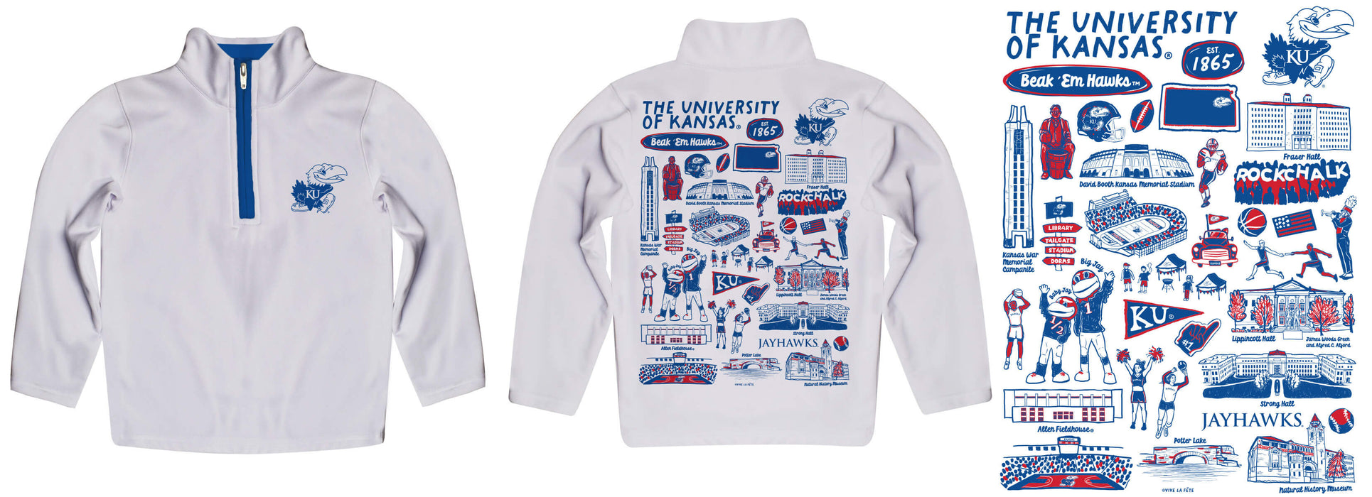 Kansas Jayhawks Hand Sketched Vive La Fete Impressions Artwork  White Boys Quarter Zip Pullover V1 - Vive La Fête - Online Apparel Store