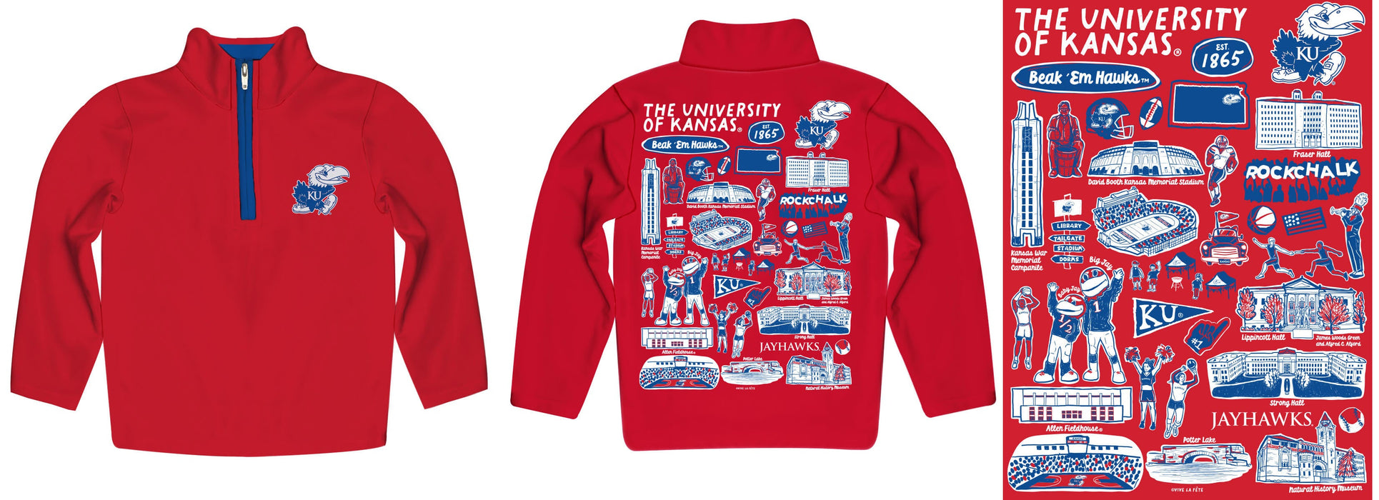 Kansas Jayhawks Hand Sketched Vive La Fete Impressions Artwork Red Boys Quarter Zip Pullover V1 - Vive La Fête - Online Apparel Store