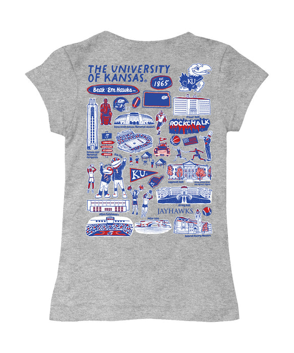 Kansas Jayhawks Hand Sketched Vive La Fete Impressions Artwork Grey Girls Cotton Short Sleeve Tee - Vive La Fête - Online Apparel Store