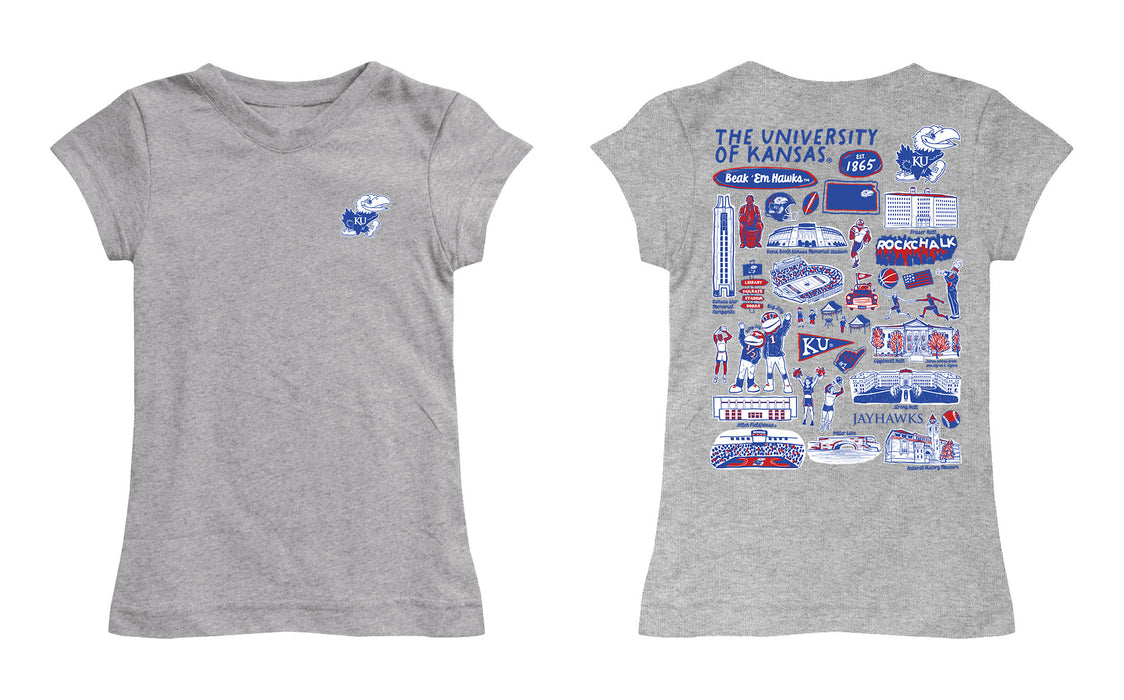 Kansas Jayhawks Hand Sketched Vive La Fete Impressions Artwork Grey Girls Cotton Short Sleeve Tee - Vive La Fête - Online Apparel Store